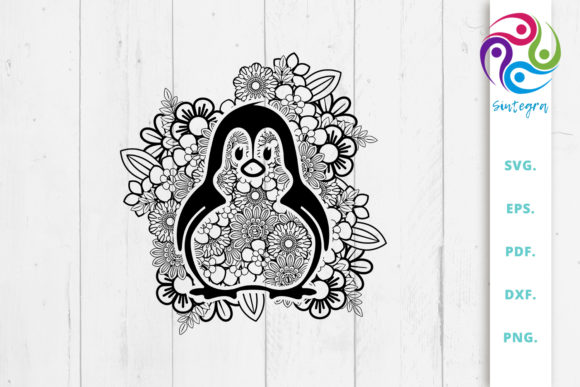 Floral Mandala Penguin Graphics for Crafts and Branding